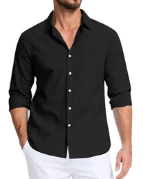 Herrenhemden Langarm Leinenhemd Button Down Sommerhemd mit Taschen Schwarz M