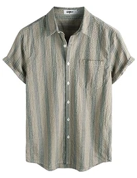 Herren Gestreifte Sommerhemd Casual Button Down Kurzarm Strand HawaiiHemd Mittel Khaki Braun Aloha