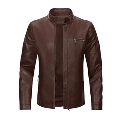 Sliktaa Herren Jacke aus Kunstleder mit Stehkragen Übergangsoberteil Lässig Motorrad Piloten Reißverschluss Casual Klassisch Lederjacke Dunkelbraun/Braun/Dunkelrot/Bordeaux/Grau