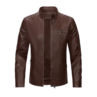 Sliktaa Herren Jacke aus Kunstleder mit Stehkragen Übergangsoberteil Lässig Motorrad Piloten Reißverschluss Casual Klassisch Lederjacke Dunkelbraun/Braun/Dunkelrot/Bordeaux/Grau