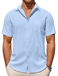 Herren Hemd Kurzarm Sommerhemd Leicht Strandhemd Kurzarmhemd mit Brusttasche Freizeithemd Strandhemd Männer Hemden Kurzarm Basic Shirt Himmelblau M