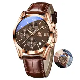 Braun Uhr Herren Analog Kleid Vintage Roségold Gehäuse Herren Armbanduhr mit Datum Großes Zifferblatt Herrenuhren Lederarmband Wasserdicht Uhren für Männer Leuchtend Chronograph Geschenke