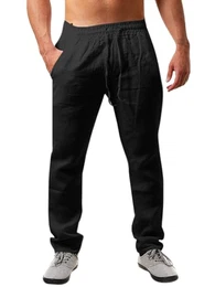 Herren Leinenhose Einfarbiges Lang Leicht Sommerhose Loose Fit Freizeithose mit Kordelzug für Urlaub Strand Schwarz M