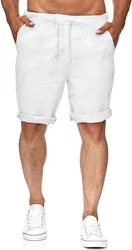 Runcati Herren Leinen Shorts Bermuda Kurz Hose Freizeithose mit 2 Taschen Weiß