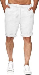 Herren Leinen Shorts Bermuda Kurz Hose Leicht Sommershorts Gummizug Freizeithose mit 2 Taschen Weiß M
