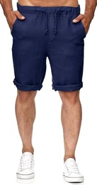 Herren Leinen Shorts Bermuda Kurz Hose Leicht Sommershorts Gummizug Freizeithose mit 2 Taschen Dunkelblau M