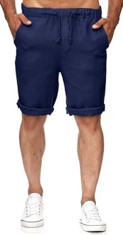 Runcati Herren Leinen Shorts Bermuda Kurz Hose Freizeithose mit 2 Taschen Dunkelblau