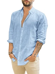 Herren Langarm Leinenhemd Umlegekragen Hemd Business Freizeithemd Sommer Shirt, Blau, M