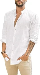 Herren Hemd Leinenhemd Langarm Sommer Strand Hemd Casual Regular Fit Freizeithemd Shirts Weiß M