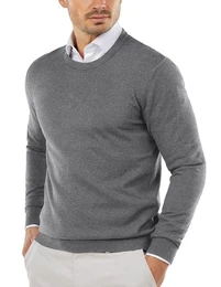 Herren Pullover mit Rundhals Feinstrick Slim Fit Strickpullover Feiner Leichte Crewneck Sweater Grau M