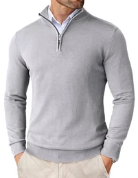 Pullover Herren Troyer Stehkragen Pullover Half Zip Rollkragenpullover mit Reißverschluss Winterpullover Slim Fit Pullis Strickpullover Hellgrau M
