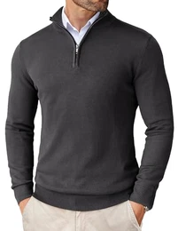 Rollkragenpullover Herren Zip Stehkragen Pullover mit Reissverschluss Troyer Herren Zipper Arbeitspullover Slim Fit Dunkelgrau S