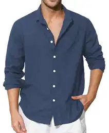 Blaues Hemd Herren Langarm Leinenhemd Herren Smog Blau Baumwolle Leichtes Freizeithemd Sommerhemd Hemden Regular Fit Henley Shirt M