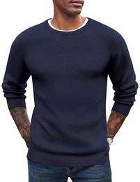 Pullover für Herren mit Rundhals Strickpullover Langarm Modern Winter Waffel Strick Winterpullover Navy blau M