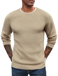 Herren Strickpullover mit Rundhals Einfarbig Langarm Waffel Winter Warm Männer Pullover Khaki M