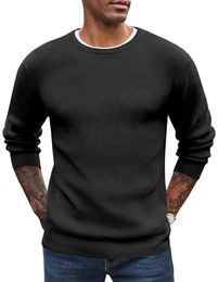 Herren Pullover Waffelstrick Strickpullover Winter Modern Einfarbig Männer Pulli mit Rundhals Schwarz M