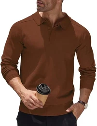 Pullover mit Polokragen Strick Poloshirt Langarm Polo Pullover für Herren Herrenpullover Langarm Winter Polo Sweater Golf Pullover Rotbraun M
