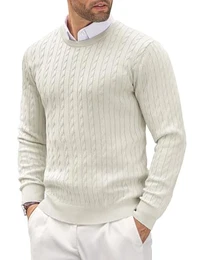 Herren Pullover Rundhals Feinstrick Slim Fit Strickpullover Leichte Zopfmuster Elegangt Pulli Weiß M