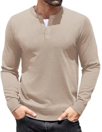 Pullover Herren Langarm Henley Kragen Casual Regular Fit Feinstrick Sweater Winter Basic Langarmshirt Helles Khaki XXL