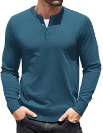 Herren Henleykragen Feinstrick Pullover Basic Langarm Strickpullover Einfarbig Casual Langarmshirt Blau XL