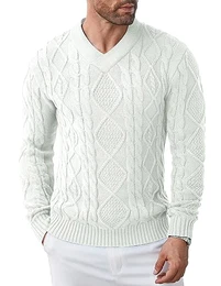 Herren Strickpullover V-Ausschnitt Warm Slim Fit Pullover Klassischer Winterpullover Männer Weiß M