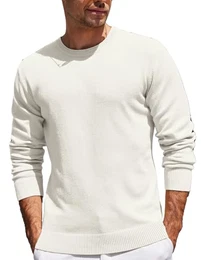 Herren Business Pullover Strick Langarm Strickpullover Rundhalsausschnitt Casual Basic Pulli Crimpen Kragen Weiß M