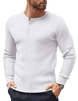 COOFANDY Herren Pullover mit Knopfleiste Henley Strickpullover Weiß