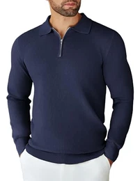 Herren Pullover Polo Kragen Half Zip Strickpullover Feinstrick Männer Sweatshirt Basic Winterpullover Langarmpullover Pulli Marineblau M