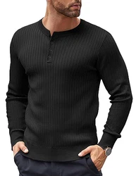 COOFANDY Herren Pullover mit Knopfleiste Henley Strickpullover Schwarz
