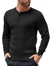 Henley Herren Pullover Pullover mit Knopfleiste Strickpullover Herren Rundhals Langarmshirt Regular Fit Schwarz M