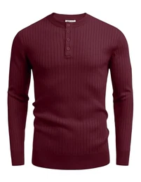 Herren Pullover Winterpullover mit Knopfleiste Henley Strickpullover Männer Pullover Business Strickpulli Weinrot S