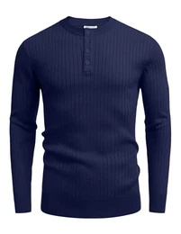 Herren Pullover mit Knopfleiste Henley Strickpullover Dünner Langarm Pullover Herren Männer Pulli Blauviolett M