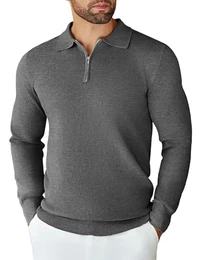 Polo Pullover Herren Strickpullover Zip Pullover Sweater Arbeitspullover Basic Sweatshirt Männer Langarmpullover Pulli Mittelgrau XL