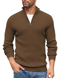 Pullover Herren 1/4 Zip Rollkragenpullover Troyer Rollkragenpulli Strickpullover Winterpullover Stehkragen Pullover Leichte warm Arbeitspullover Braun S