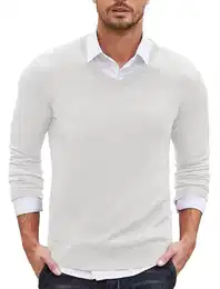 Herren Pullover V Ausschnitt mit Hemdkragen Business Pullover Langarmshirt Strickpullover Basic Sweater Pulli Reines Weiß M