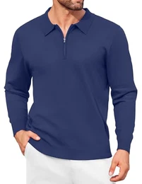 Herren Pullover Half Zip Pullover mit Hemdkragen Strick Freizeit Basic Polo Langarmshirt Blau M