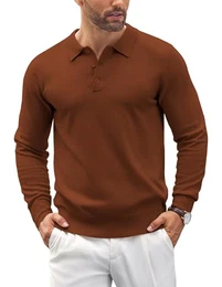 Pullover Herren Poloshirt Herren Langarm Strickpullover Männer Strick Poloshirt Polohemd mit Polokragen Herbst Pulli Braun M