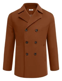 Herren Zweireihiger Erbsenmantel Wintermantel Kurzer Trenchcoat Kerbkragen, Braun, Medium