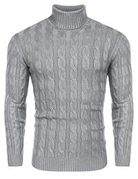 Herren Strickpullover Zopftmuster Slim Fit Pullover Rollkragen Feinstrick Pullover Männer Lamarmshirt Sweatshirt Grau M