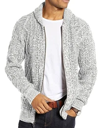Herren Strickjacke Langarm Kragen Cardigan mit Zopfmuster Reißverschluss Jacke Gestrickt für Hemd und Shirt Hellgrau M
