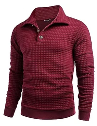 Herren Sweatshirt mit Kragen Winter Pullover Sportlich Waffel Sweatshirt Arbeitspullover Männer Sweatshirt Ohne Kapuze Pulli mit Knopfleiste Weinrot XL