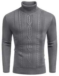 Herren Pullover mit Rollkragen Langarm Zopfmuster Strickpullover Warm Basic Turtleneck Pulli Shirt Einfarbig Grau M