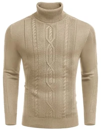 Strickpullover Langarm Herren Pullover mit Rollkragen Klassisch Slim fit Winterpullover Zopfmuster Sweater Khaki L