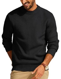 Herren Rippstrickpullover Regular Fit Feinstrick Winterpullover Pullover Sweater (Schwarz, M)