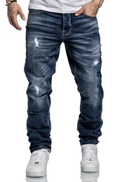 Herren Jeans Regular Straight Fit Denim Hose Destroyed R7998 Dunkelblau W32/L32