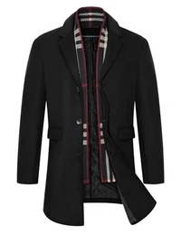 Mantel Herren Winter Wintermantel Slim Fit Business Wollmantel Winterjacke Warmer Trenchcoat Jacken Herrenmantel mit Abnehmbaren Karierten Schals,Schwarz,M