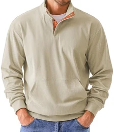 Cord Sweatshirt Herren Herbst Casual Langarm Stehkragen Knopf Pullover mit Tasche, Weiß M