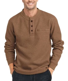Henley Shirts Herren Langarm Casual Waffel Henley Hemd Männer Thermal Freizeithemd 3-Knopf Classic Henley T-Shirt Herren mit Brusttasche Langarmshirt Herren Pullover(Braun,M)