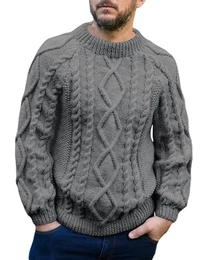 Herren Pullover Kabel Stricken Winter Rundhals Langarm Warm Pullover Einfarbige Vintage Regular Fit Strickpullover,Grau,XL