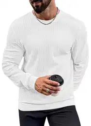 Männer Verzog Langarm Shirts Strecken Pullover Reguläre Passform Muskel Tshirt Rundhalsausschnitt T-Shirt Weiß M